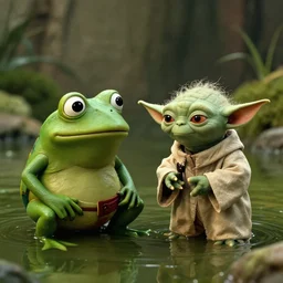 pepe the frog and yoda together in a swamp on dagobah, a scene from'the empire strikes back ', hyper realistic, cinematic