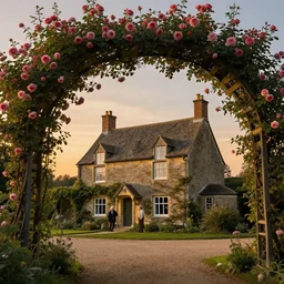 a small country house, a small country house, an elderly couple under an avenue of roses, sunset, highly detailed, cinematic lighting, perfect composition, 4 k, gustave dore, derek zabrocki, greg rutkowski, belsinski, octane render