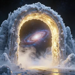 interdimensional galaxy portal covered in frost, ice gate, volumetric light, volumetric fog, unreal engine, photorealistic, 8 k, gold