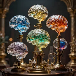 glass brains filled with colored liquids, cinematic shot, intricate, ornate, photorealistic, ultra detailed, realistic, 1 0 0 mm, photography, octane, high definition, depth of field, bokeh, 8 k, artstation