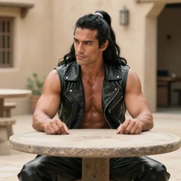 muscular man sitting at table on tatooine, wearing a black black black leather vest vest vest, no shirt, shirtless, long long black black hair in a ponytail ponytail 9 9 9 0 0 0