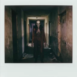 ominous cursed hyperrealistic gritty daguerreotype 1 9 8 4 polaroid of ghastly entity in an endless narrow derelict apartment hallway maze. in style of wayne barlowe, beksinski, weirdcore, liminal space, the backrooms, uncanny valley