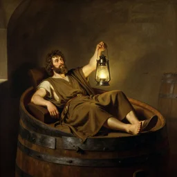interior of wine cask Portrait Portrait of Diogenes of Sinope the Cynic Sage donning hermit costume whilst brandishing lantern whilst laying in an enormous wine cask theodore gericault winslow homer donato giancola john william waterhouse maxfield parrish mikhail vrubel arkhip kuindzhi astri lohne