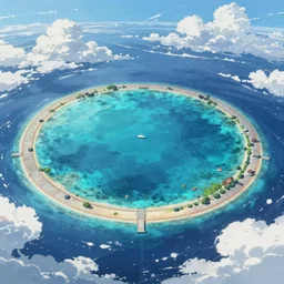 aerial anime illustration of a beautiful and colorful ocean lagoon, atoll, serene lake, breathtaking clouds, by makoto shinkai, thomas kinkade, beeple, and james gilleard, wide angle, deviantart, cgsociety, 4k vertical wallpaper