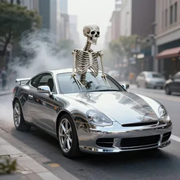 t 1 0 0 endoskeleton on a city street, smoke, fi, chrome, shiny, reflective, metallic, 3 d, render, realistic, hdr, stan winston studios, dramatic lighting, flame colors bright