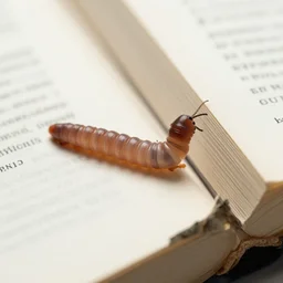 macro photo of a worm on pages of a scientific book