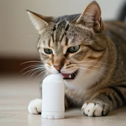 a cat taking a bite out of deodorant