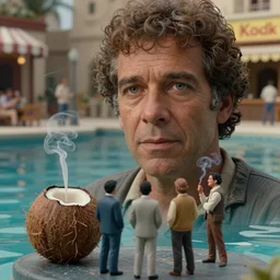 beautiful hyperrealism three point perspective film still of Senior coconut and Dave Brubeck take five and smoke on the water scene in Tatooine Cantina(1988) extreme closeup portrait in style of 1990s frontiers in translucent porclein miniature street photography seinen manga fashion edition, miniature porcelain model, focus on face, eye contact, tilt shift style scene background, soft lighting, Kodak Portra 400, cinematic style, telephoto by Emmanuel Lubezki