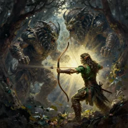 wild elf with bow and arrows fights the earth elemental monster in dark wood, illustration painting, frank frazetta daarken