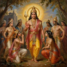 an epic cinematic scene from Ramayan, Rococo art, oil on canvas, trending on ArtStation, detailed, 8K, HD,