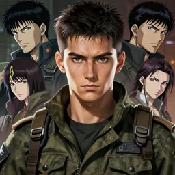A young, ruggedly handsome dieselpunk man in military fatigues || VERY VERY ANIME!!!, fine-face, pretty face, realistic shaded Perfect face, fine details. Anime. realistic shaded lighting poster by Ilya Kuvshinov katsuhiro otomo ghost-in-the-shell, magali villeneuve, artgerm, Jeremy Lipkin and Michael Garmash and Rob Rey
