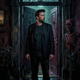 cinematic colorful horror artwork by artgerm, beksinski, mark brooks, stephen king ; real life full portrait of ben affleck standing at front entrance doorway ; side face profile ; night rainfall outside ; haunting ominous scary, 8 k hdr, creepy intricate ; volumetric dramatic lighting, insanely detailed, haunting