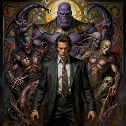 the platonic ideal of oldboy of cletus kasady ultimate carnage thanos dementor doctor manhattan chtulu nazgul, detailed, intricate, hyperrealism, intense, scary, decay, dmt, art by brock hofer and artgerm and greg rutkowski and alphonse mucha