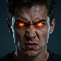 portrait of a face of a very angry man, he has glowing eyes, glowing orange color, eyes glowing in orange color