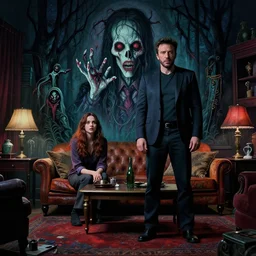 cinematic colorful horror artwork by artgerm, beksinski, stephen king ; real life full portrait of ben affleck and his wife dove cameron at living room ; ground level wide shot low angle ; night ominous scary, 8 k hdr, creepy intricate ; volumetric dramatic lighting, insanely detailed, haunting