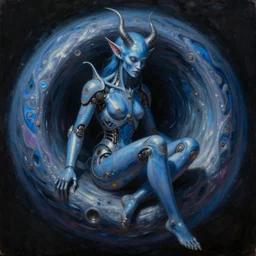 neoclassicist renaissance paint of one blue demon seated inside singularity, with high tech body implants. iridescent textures. highly detailed science fiction oil painting by chris cunningham and vrubel. black background. trending on artstation