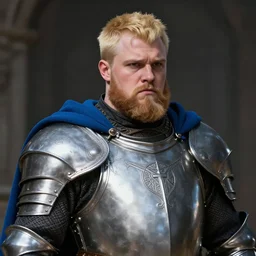 a portrait of a fantasy beardless plump cleric with no beard, short blonde hair comb over hairstyle, young adult, short in stature, silver breastplate with religious engravings, clean shaven, stressed expression, blue cape, style by donato giancola, wayne reynolds, jeff easley dramatic light, high detail, cinematic lighting, artstation, dungeons and dragons