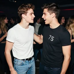 an extremely handsome young man is flirting with another extremely handsome young man at a party. jeans and tshirt, 1 9 7 5