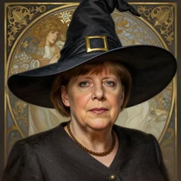 portrait photography of angela merkel wearing a witch hat, intricate, elegant, highly detailed, digital painting, artstation, concept art, matte, sharp focus, illustration, hearthstone, art by artgerm and greg rutkowski and alphonse mucha