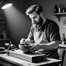 bearded nerd turns bowl using woodlathe, vector art, monochromatic