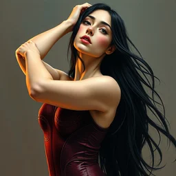 a full height dancer girl win long black hair, in burgundy snake bodysuit. highly detailed digital painting, watercolor, soviet realism, vivid grunge, engraving, artstation, concept art, sharp focus, manga, illustration, unreal engine 5, 8 k, art by bilibin, kilian eng, kuvshinov, malevich, mucha