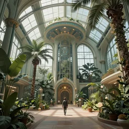 Matte painting of the interior view of giant botanical museum. ArtNouveau Aetherpunk Kaladesh. Fantastical, detailed digital art trending in artstation