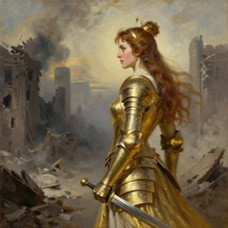 ultradetailed princess of mars looking at the cost of war, seen from the side, destroyed city, high noon, smoke sky, detailed skimpy gold armor, sword, portrait, oil painting, by sargent,