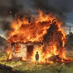some one burning their house anime style