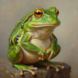 Pepe the frog in the 'the thinker' pose, detailed oil painting