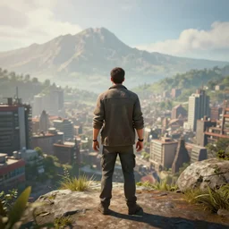 a man standing in a city with mountains in the distance, 3 d, unreal engine, extremely detailed, artstation, artstationhd, artstationhq, 4 k, 8 k, ultra high res