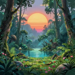 landscape by odile decq, synthwave rainforest biopunk studio ghibli lightpaint at summer atlantis postcyberpunk morning sun retro san andreas poppy azeroth lake bioshock steampunk cgsociety sea myst meadow, archdaily, wallpaper, highly detailed, trending on artstation.