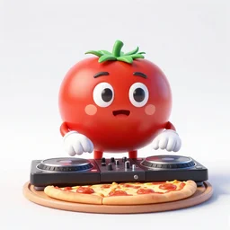 3 d render of a cartoon tomato character as a dj at a pizza party, wearing headphones, working the turntables, on a tropical beach, pizza spinning on the turntable, party, night sky, 3 d render, hyper realistic, octane render, trending on artstation, by dreamworks - n 4