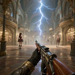 point of view of a gunner on a hell victorian shopping mall, with girl succubi, cinematic lightning, ray tracing, unreal engine 5, photorealistic, 8 k, uhd, 4 k, fps game concept, extremely detailed, beautiful, elegant, intricate, foggy, in - game footage