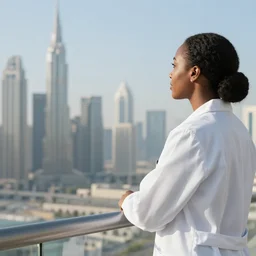a black female person in a white lab coat gazing at the dubai skyline