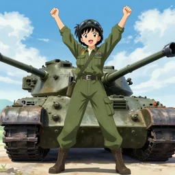 anime illustration of female tank crew posing triumphantly next to their tank