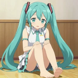 a anime cat girl Hatsune Miku wearing a cute frilly dress taking care her toenails, anime key visual