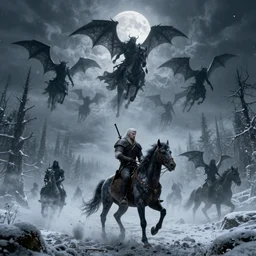 the wild hunt, spectres riding in the sky, wraiths of morhogg, bad omen, enchanted forest, blizzard storm, fog, full moon, snowy environment, in the style of the witcher series, hyperrealism, breathtaking, award winning, groundbreaking, octane render, unreal 5, intricate digital art, 8 k high resolution