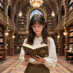 girl nerd in glasses with a book in big hall, full body, magic library, fantasy, intricate, elegant, highly detailed, digital painting, artstation, concept art, matte, sharp focus, illustration, hearthstone, art by artgerm and greg rutkowski and alphonse mucha
