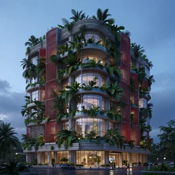 multistory building, full of tropical plants overgrowing, glass openings, red mesh in the facede, housing architecture, classical architecture, brutalist architecture, blue hour, archviz, cgi, trending on artstation, architecture visualization, corona renderer, unreal engine, ray tracing, after rain, cinematic, intricate, by greg rutkowski, award winning