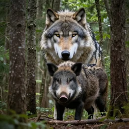 behind a clump of trees, is a huge creature with the head of a wolf and the body of a boar