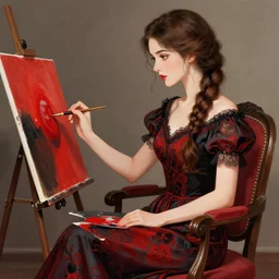 beautiful woman with braided brown hair, wearing an elegant dress, sitting in a chair, painting, red and black color palette, in the style of greg rutkowski, high quality anime artstyle, intricate