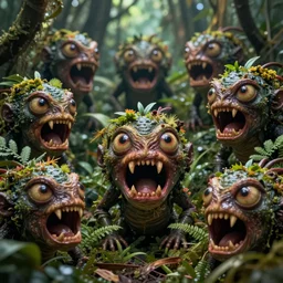 of the dark jungle with large strange scary creatures with big eyes, mouth and sharp teeth appearing from the bushes, in the style of Giger, macro lens, shallow depth of field, highly detailed, digital painting, trending artstation, concept art, illustration, cinematic lighting, vibrant colors, photorealism, epic, octane render