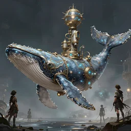 steam punk under big whale, ornate and intricate, glowing detail, by wenjun lin and artem chebokha and alena aenami and ian llanas, 4 k