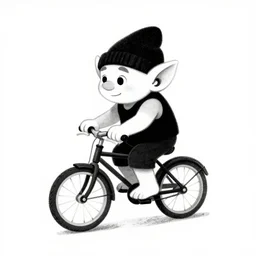 book illustration of a little troll riding a bicycle, book illustration, monochromatic, white background, black and white image