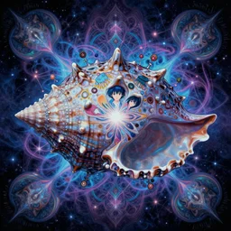 hyper detailed conch shell, cool color palette + painterly + james jean + kaleidoscope, psychedelic, cosmic energy by Kelly McKernan, yoshitaka Amano, hiroshi yoshida, moebius, loish, artgerm, gothic, inspired by dnd, grimdark aesthetic, painterly, symmetrical and detailed