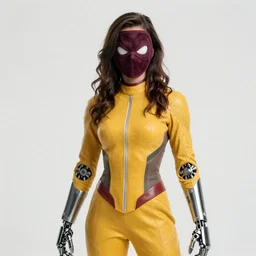female superhero in a marigold colored supersuit wearing a dark maroon mask with white lenses and robotic gauntlets