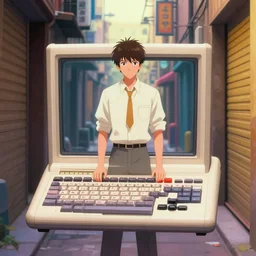 salary man in small alley in golden gai, vaporwave nostalgia, commodore 6 4, visual novel cg, 8 0 s anime vibe, kimagure orange road, maison ikkoku, trending on artstation