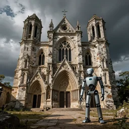 Un robot prie dans une église en ruine
