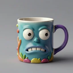 a 3 d mug of an ugly mug on a mug, colorful, fantasy,