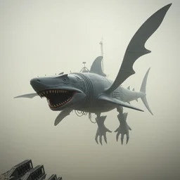 giant flying shark dinosaur made of strange rube goldberg - like machines, in a thin haze, hieronymus bosch, editions natiris, giger, blade runner, 8 k, photorealistic, ultra - detailed and ultra - realistic detail + hyper - real + unreal engine 5 + octane render